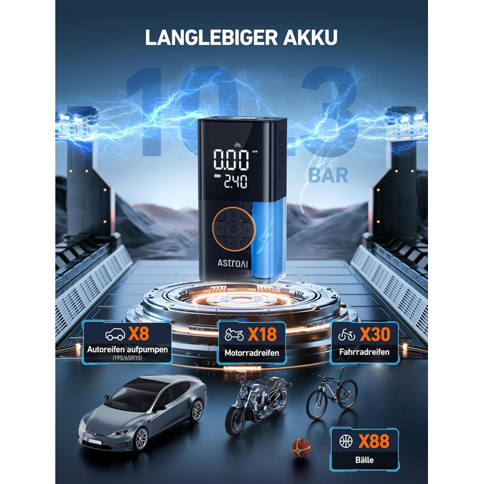Бездротовий електричний повітряний насос AstroAI, портативний акумуляторний велосипедний насос з усіма клапанами, світлодіодне світло, акумуляторний насос для шин для велосипедів, електровелосипедів, автомобілів, мотоциклів, м&39ячів, чорний
