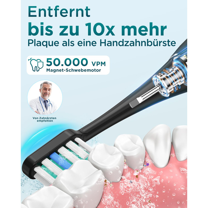 Електрична зубна щітка для дорослих і дітей звукова щітка з 8 насадками (3 типи), 90 днів роботи від акумулятора, 5 режимів, 50000 обертів на хвилину, дорожній футляр, таймер, чорний колір