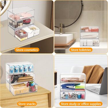 Секційний органайзер для косметики з висувними шухлядами, міні-органайзер для ванної кімнати з висувними шухлядами. Штабельований прозорий акриловий органайзер для макіяжу, для туалетного столика, ванної кімнати, спальні, письмового столу, 3-
