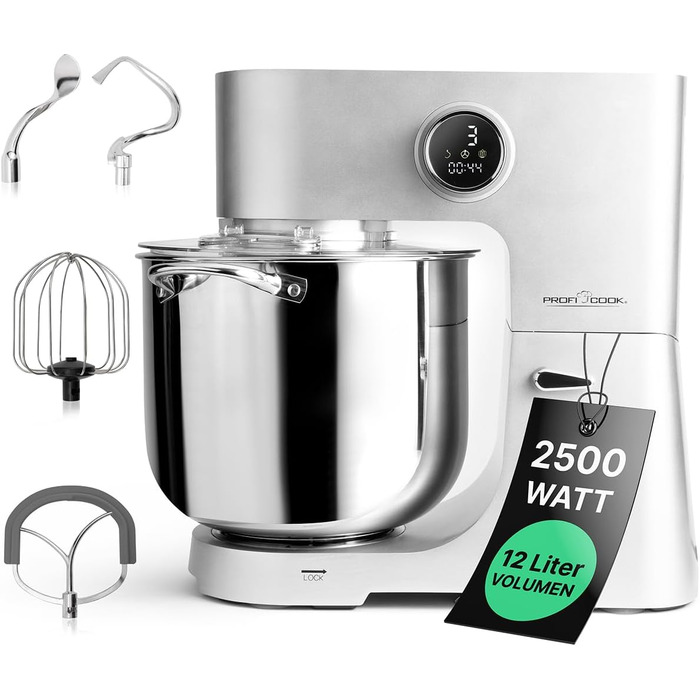 Кухонний комбайн ProfiCook з чашею XXL 12 л Тістомісильна машина з професійним двигуном тривалого терміну служби 2500 Вт Металеві шестерні та світлодіодний дисплей Кухонний комбайн для тіста до 8,5 кг 13 швидкостей ПК КМ 1254