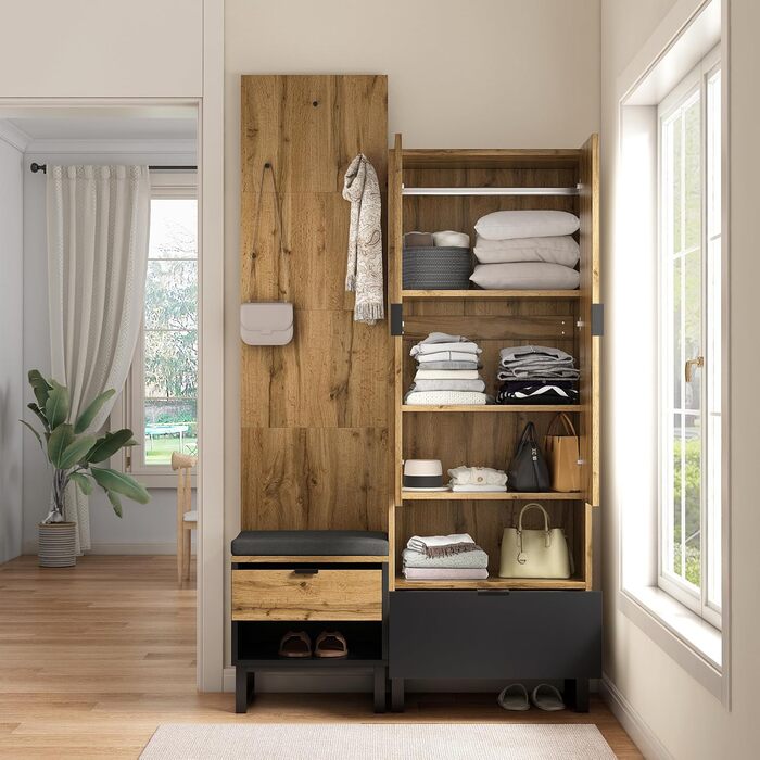 Шафа для одягу KecDuey з лавкою для взуття та подушками, шафа для передпокою, вішалка для аксесуарів спереду, висувні ящики та рег