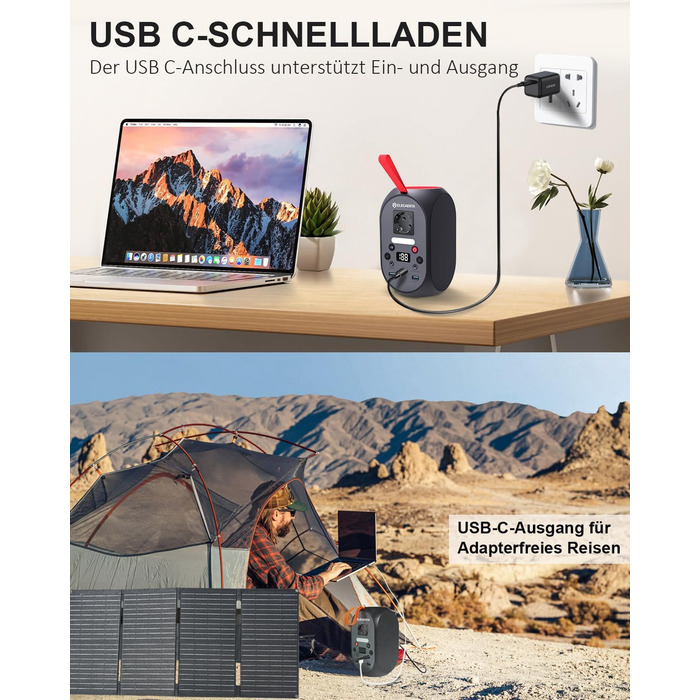 Портативна електростанція ELECAENTA з акумулятором LiFePO4 потужністю 99 Втгод, сонячним генератором 120 Вт та резервним акумулятором PD 30 Вт/AC/DC для подорожей, кемпінгу на природі та надзвичайних ситуацій SG120