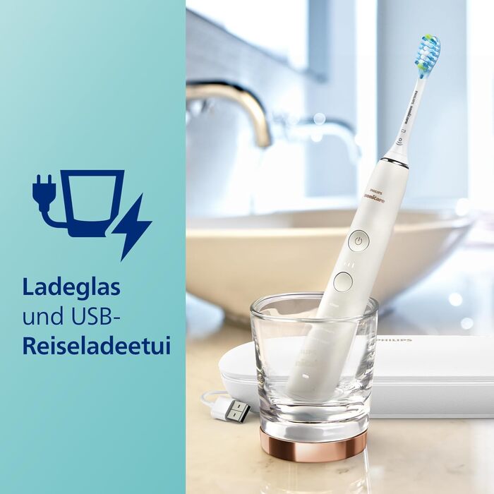 Електрична зубна щітка Philips Sonicare DiamondClean 9000, звукова зубна щітка з додатком, датчик тиску, 4 режими чищення, 3 рівні інтенсивності, зарядне скло та футляр USB, рожеве золото, модель HX9911/94