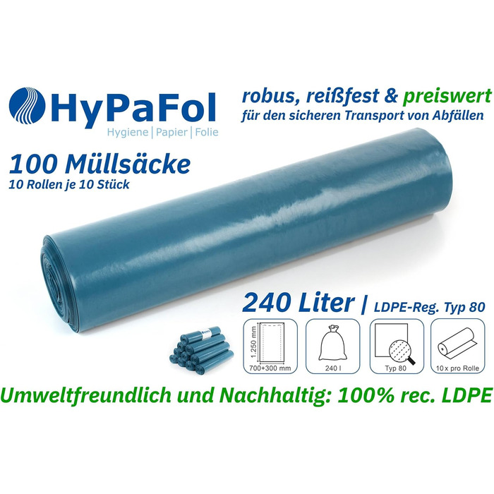 Міцні сміттєві пакети Hypafol 100, стійкі до розривів надзвичайно міцні сміттєві пакети 10 синіх рулонів місткість 240 л міцні сміттєві пакети, виготовлені з екологічно чистої переробленої плівки