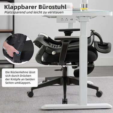 Складане офісне крісло з підставкою для ніг, ергономічне робоче крісло з поперековою опорою та підголівником, крісло для керівників з сітчастою підкладкою, вантажопідйомність 150 кг, для компактної роботи вдома, чорний колір