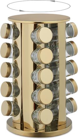 Підставка для спецій Relaxdays з 20 баночками для спецій, зі вставкою-шейкером, поворотна на 360, карусель для спецій, нержавіюча сталь, золотий/прозорий