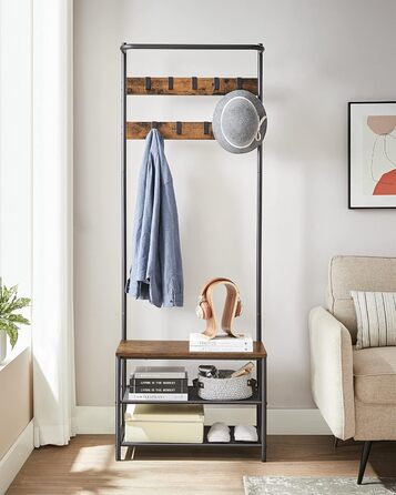 Вішалка для верхнього одягу, Шафа з лавкою для взуття, Вішалка для одягу, Штанга для одягу, 9 знімних гачків, 32,2 x 64 x 180 см, Індустріальний стиль, для спальні в коридорі, Вінтажний коричнево-чорний HSR411B01 32,2 x 64 x 180 см Рустикальний коричневий