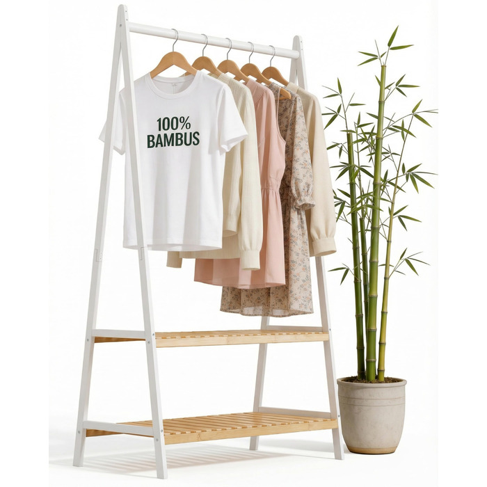 Вішалка для одягу з 2 полицями з білого бамбука, шафа-тумба з міцною рейкою для одягу, шафа з полицею для взуття, для передпокою, спальні, 160 x 80 x 44 см (білий)