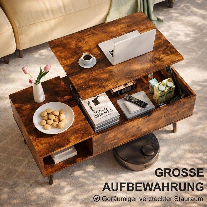 Журнальний столик DUMOS з регульованою висотою, якісний стіл для вітальні, журнальний столик, журнальні столики для вітальні, невеликі, сучасні дерев&39яні центральні столики з відділенням для зберігання та прихованим відділенням (колір дерева) коричневий