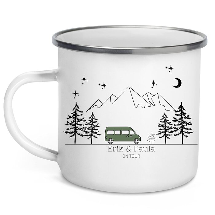 Емальована кружка Маленька Матильда, барвиста персоналізована кемпінгова кружка з іменем для кемперів, кавова кружка, аксесуар для караванів, кружка з нержавіючої сталі, подарунок для кемперів (зелений колір)