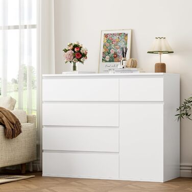 Білий комод з 5 шухлядами та 1 дверима, сервант 100 см, комод для спальні, вітальні, кабінету, коридору, шафа з шухлядами 100x40x80 см