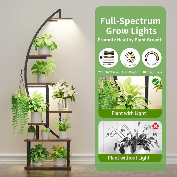 Підставка для рослин з лампою для вирощування - 7-ярусна підставка для квітів 165 см, металева дерев&39яна полиця для рослин - Квіткові драбини для приміщень та вулиці - Декоративна чорна квіткова полиця для внутрішнього саду, балкону, 2 шт.