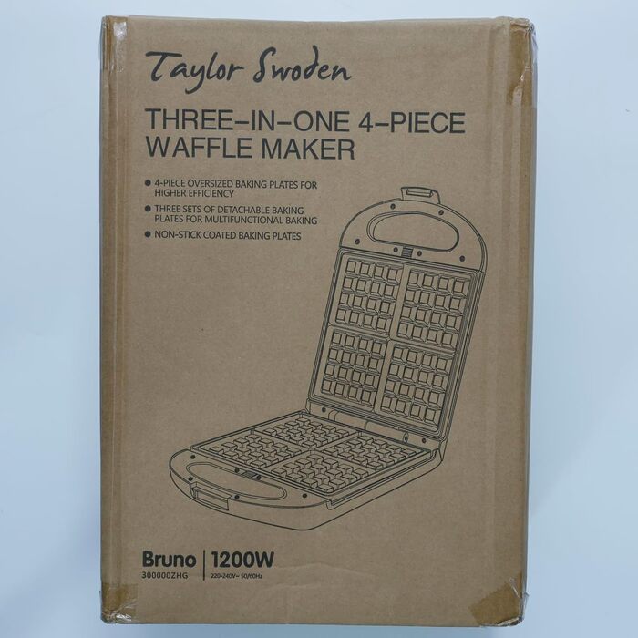 Бутербродниця Bruno 3 в 1, вафельниця, деко для випічки, 1200 Вт, для 4 сендвічів, знімний піддон з антипригарним покриттям, поворот на 180 для швидкого та рівномірного випікання, без бісфенолу А