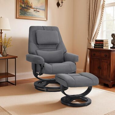Крісло-реклайнер з функцією відкидання, крісло для читання, поворотне на 360 крісло для телевізора з підставкою для ніг, регульованим підголівником, поперековою подушкою та бічною кишенею, крісло для телевізора для вітальні, 9046 (сірий) сіра мікрофібра