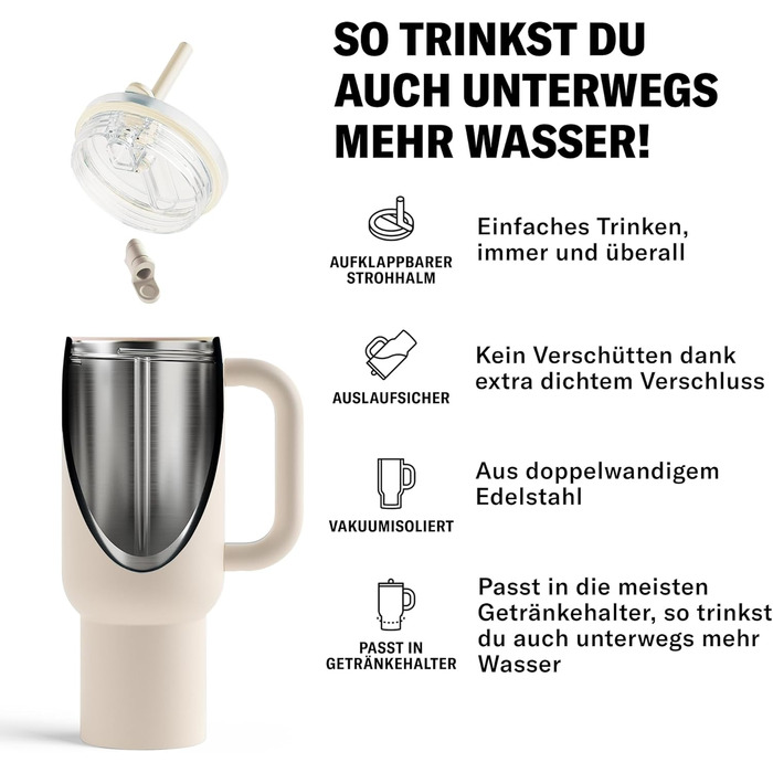 Термокружка Waterdrop з трубочкою 1,1 л Герметична, міцна пляшка для пиття з відкидною трубочкою, зберігає напої холодними протягом 12 годин, кухоль для пиття з кришкою, ізольована пляшка з нержавіючої сталі, зимово-білий колір