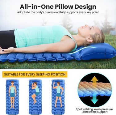 Килимок для сну для кемпінгу, надлегкий надувний кемпінговий матрац з ножним насосом та подушкою, складний водонепроникний надувний матрац, килимок для сну з антиріпстопним покриттям для походів, пляжний, для використання на свіжому повітрі, темно-синій