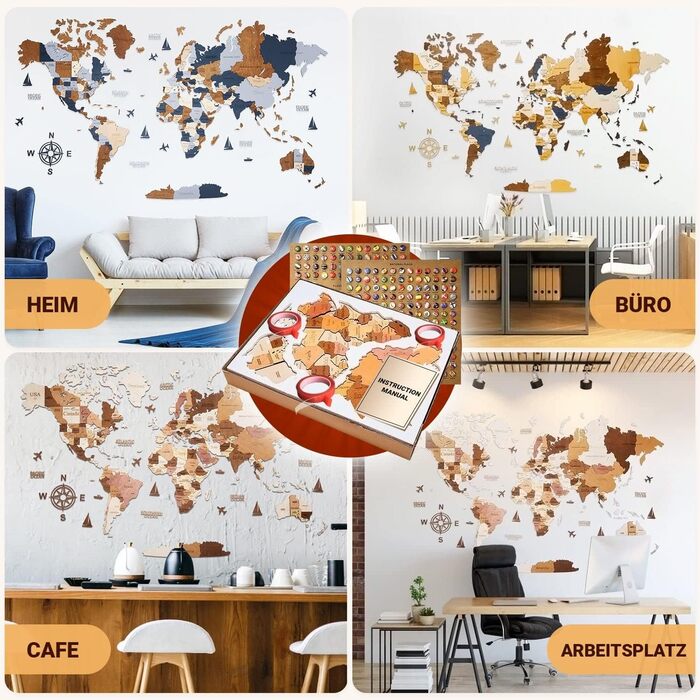 Преміальна 3D дерев&39яна карта світу настінна прикраса німецькою мовою зі шпильками Кріплення на стіну без інструментів Ідея подарунка на будь-яку подію Дерев&39яна настінна прикраса для дому та офісу (колір дерева, 160x85 см) 160Д x 85Ш см, колір дерева