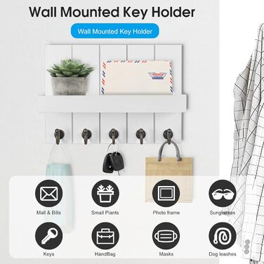 Ключниця Kldgris з полицею, дерев'яна ключниця, декоративна дерев'яна настінна ключниця, з 5 гачками для ключів, для входу, передп