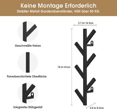 Вішалка LOFTPLUS настінна металева вішалка настінна - 41см Вертикальна вішалка з 6 гачками, гачки для вішання курток, пальто, шапо