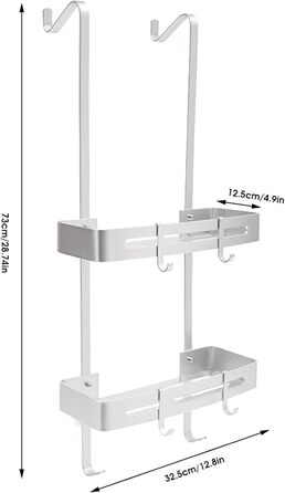 Ярусна полиця для ванної кімнати, 32.5*12.5*73см Підвісна душова полиця з 6 гачками, Для дверей з максимальною товщиною 5см, Навантаження 10кг, сріблястий 32.5*12.5*73см сріблястий, 2-