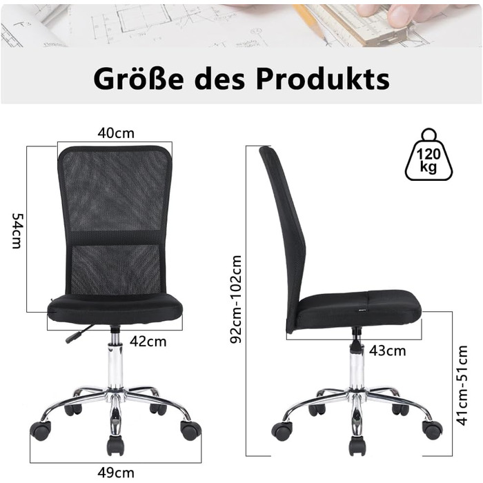 Ергономічне офісне крісло Mingone, сітчасте стільце для столу, регульоване по висоті крісло, поворотне на 360 комп&39ютерне крісло з поперековою опорою, вантажопідйомність до 120 кг, чорна сітка
