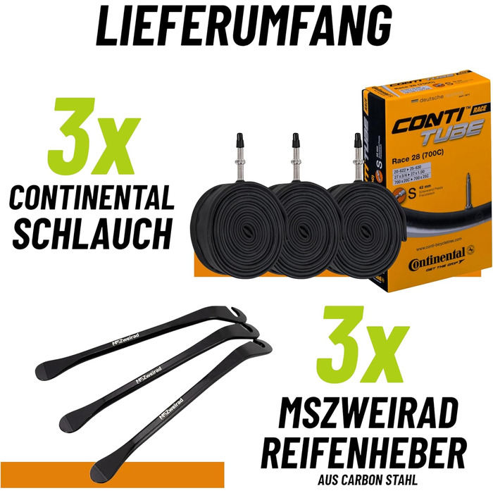 Комплект з 3 велосипедних камер Continental Race 28 дюймів SV 42 мм (20/25-622/630) 3 монтажних маніпулятори MSZweirad