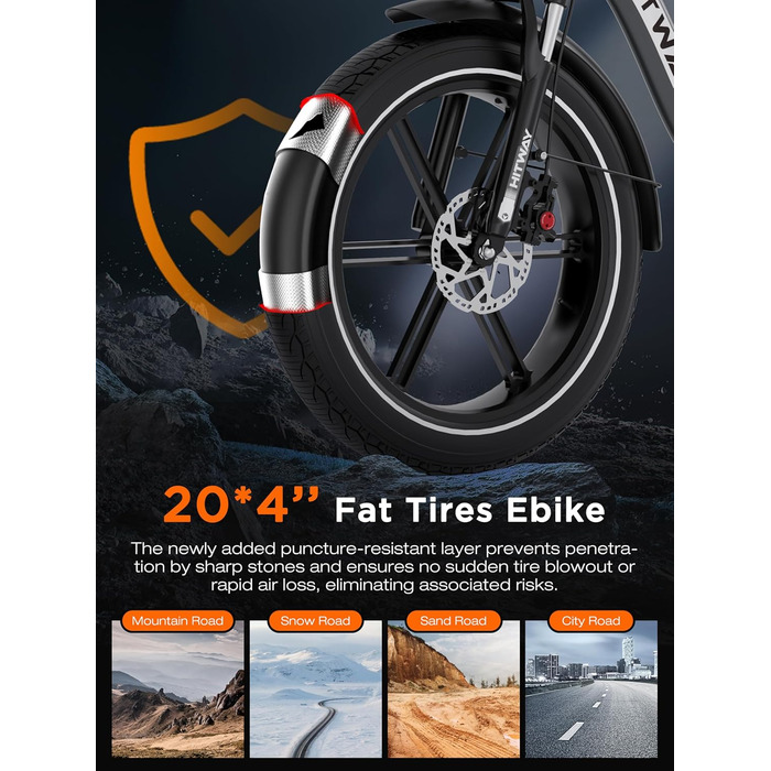Електровелосипед HITWAY з акумулятором 48 В 18 Аг, електричний велосипед, складаний всюдихідний електровелосипед з 20-дюймовими товстими шинами, складаний електровелосипед, двигун 250 Вт, 25 км/год, 7-ступінчаста коробка передач та 3-ступінчасте електричн