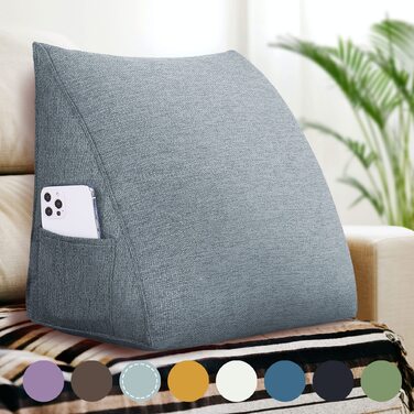 Подушка Johnear Wedge з бічною кишенею трикутна подушка для спини ліжка та дивана, подушка для читання з функцією підтримки, поперекова подушка та подушка для книги (сіра, 45 см)