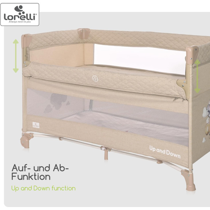 Дитяче ліжечко Lorelli 3-в-1, приліжкове ліжечко та манеж, що розкладається вгору та вниз, 2-рівневе дитяче ліжко з боковим входом та складною бічною панеллю, дитяче дорожнє ліжечко, бежево-коричневий колір
