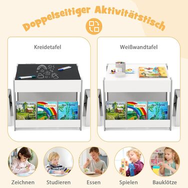 Дитячий стіл GOPLUS 4-в-1 з 2 стільцями, комплект дитячих сидінь з двосторонньою стільницею, боковими полицями та 2 тканинними коробками для зберігання, компактні дитячі меблі для малювання, читання та ігор (сірі) з полицею та коробками сірого кольору, 2.