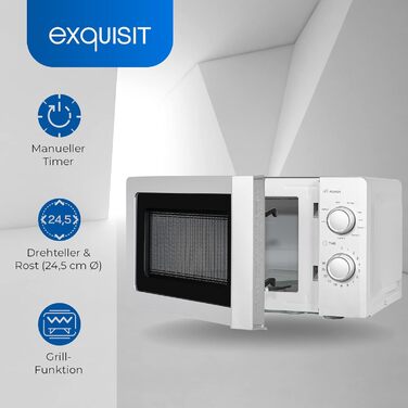 Мікрохвильова піч Exquisit MW717-070G срібло Мікрохвильова піч з грилем Гриль 900 Вт Поворотний стіл 245 мм Ø Місце для приготування їжі 20 літрів Лаковані 5 рівнів потужності Програма розморожування Таймер Мікрохвильова піч Гриль Срібло