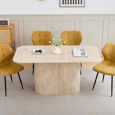 Сучасний обідній стіл на 4-6 осіб, прямокутний кухонний стіл 160 см (травертин) з важкою основою-тумбою для вітальні, кухні, квартири, жовтий