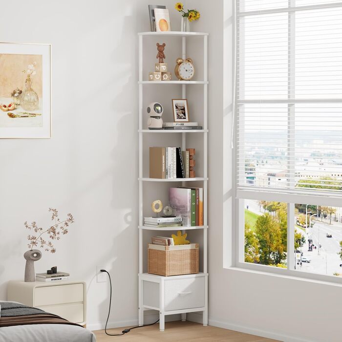 Полиця, книжкова шафа з 6 полицями, полиця зі світлодіодним підсвічуванням та тканинною шухлядою, вузька вітрина для кутів, вітальня, спальня, кутова полиця, 191 см білий колір, 6 полиць (191 см)