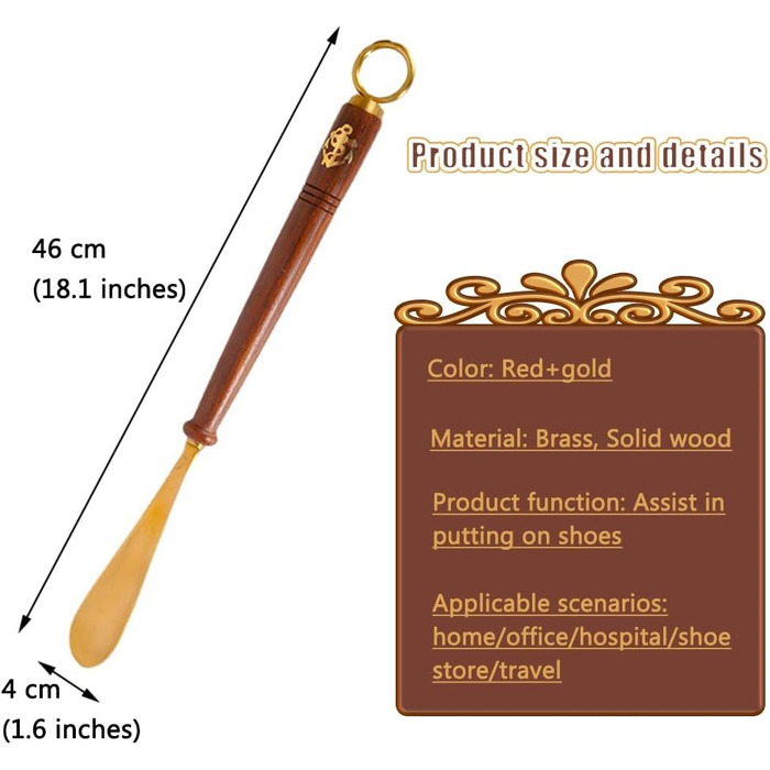Ріжк для взуття для жінок, людей похилого віку, домашнє господарство, ретро-ріжк для взуття із середньою та довгою ручкою, латунний помічник для взуття з ампутованими кінцівками з круглим гачком, простий у використанні гладкий черевик червоний золото 46 *
