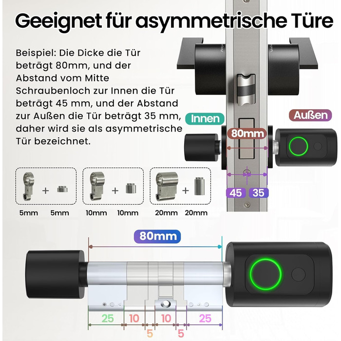 Розумний дверний замок AVATTO з відбитком пальця та паролем для дверей 90-120 мм, довжина циліндра замка регулюється, з ключем, картою IC, підтримка Smart Life App Remote Control