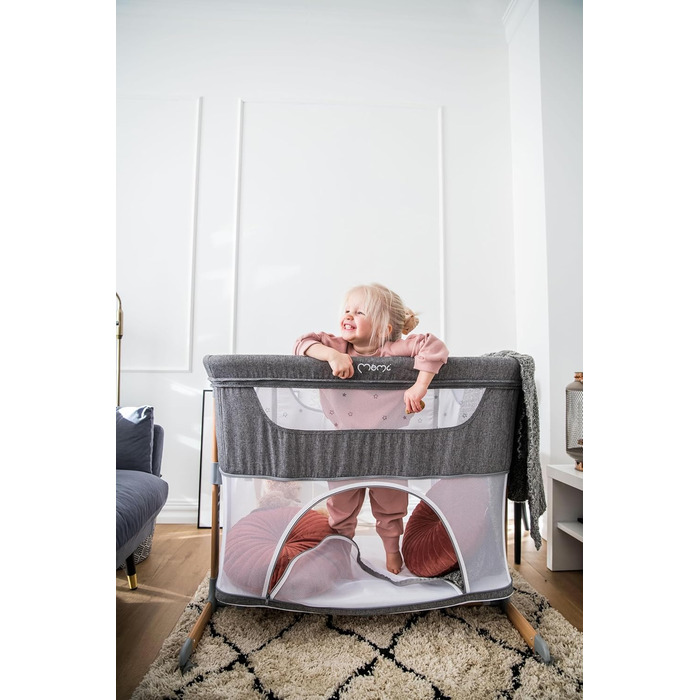 Дитяче ліжечко Momi SMART Bed 4-в-1 до 15 кг, приліжкове ліжечко для немовлят з матрацом, регульована висота, сірого кольору, одномісне