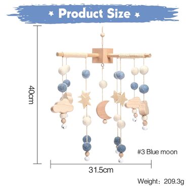 Давайте зробимо дитячий мобільний дерев'яний підвісний дзвіночок, брязкальце з дзвіночком вітру, дитяче ліжечко, дитяче ліжечко, дитячу підвісну ліжко, зірки та місяць, подарунок новонародженому для дівчинки чи хлопчика (блакитний місяць)