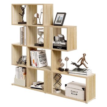 Рівнева книжкова полиця, полиця-перегородка кімнати з 11 відкритими відділеннями, окремостояча полиця для сходів, полиця-ступінь, для вітальні, спальні, офісу, 115x109,5x19,5 см, світлий дуб, 4-