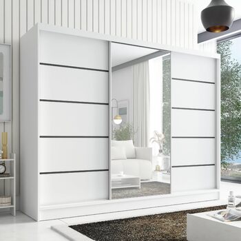 Шафа Aurelia 2 Шафа з розсувними дверима шириною 200 см з дзеркалом, 3-дверна, шафа з шухлядами, шафа з розсувними дверима для спальні або гардеробної, біла