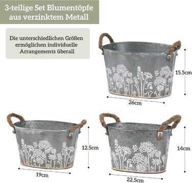 Набір вінтажних вуличних квіткових горщиків, 3 предмети, оцинковані металеві горщики для рослин з мотузковими ручками, відра для квітів/горщики для трав для кухні, балкону та саду, 19/22,5/26 см