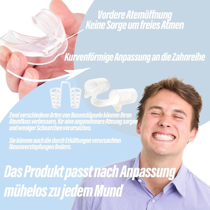 Пробка для хропіння проти хропіння, регульована пробка для хропіння проти хропіння, шина для хропіння проти хропіння з носовим розширювачем 8 розмірів, багаторазова прозора прозора капа для рота Stop Snore для чоловіків і жінок