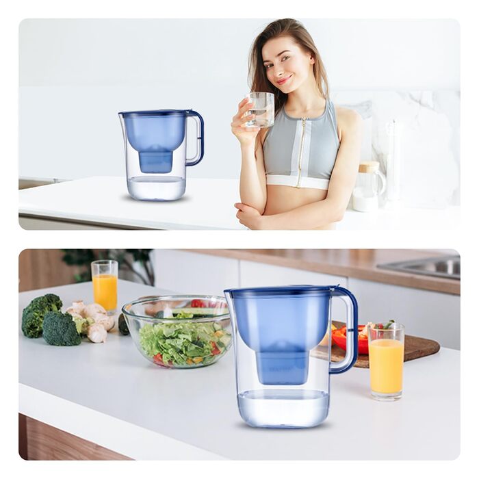 Фільтр для води Watus, синій глечик для фільтрації води, містить 4 картриджі Watus - глечик для фільтрування води (3,8 літра), фільтрація питної води для зменшення вмісту вапняку, хлору, свинцю та міді у водопровідній воді.