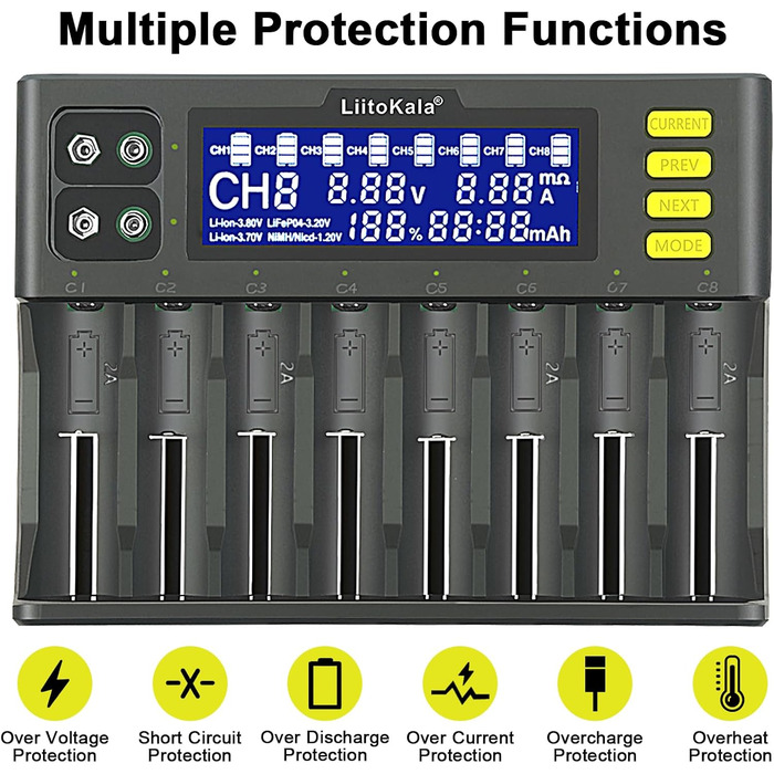 Зарядний пристрій LiitoKala Lii-S8, швидкий зарядний пристрій з РК-дисплеєм та сенсорним керуванням, 18650, 8 слотів, зарядний пристрій 9V для Li-ion, LiFePO4, Ni-MH, Ni-Cd, AA, AAA, C, 21700, 26650, 13650, 16340, 18700, RCR123