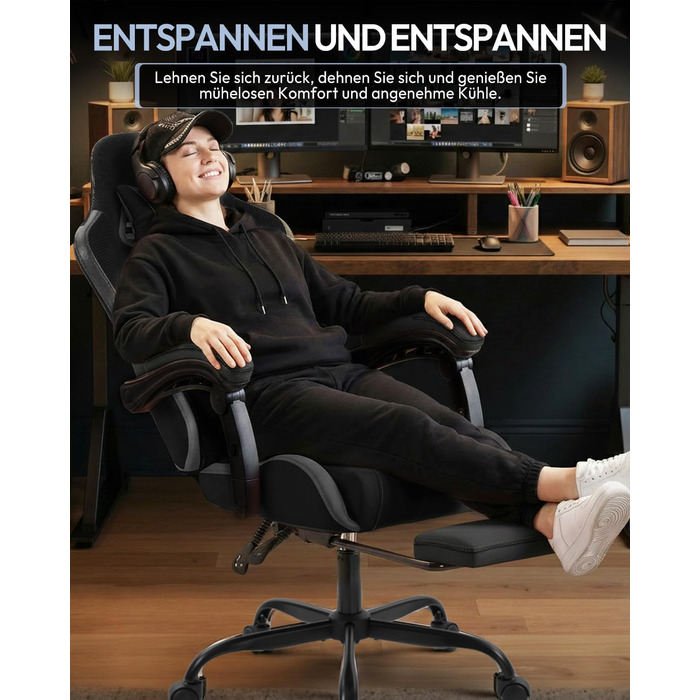 Ігрове крісло Nexthra, офісне крісло, ігрове крісло з регульованими по висоті підлокітниками, ергономічне ігрове крісло з підставкою для ніг, м&39яке ігрове крісло, кут нахилу 150, до 180 кг, чорне, регульоване