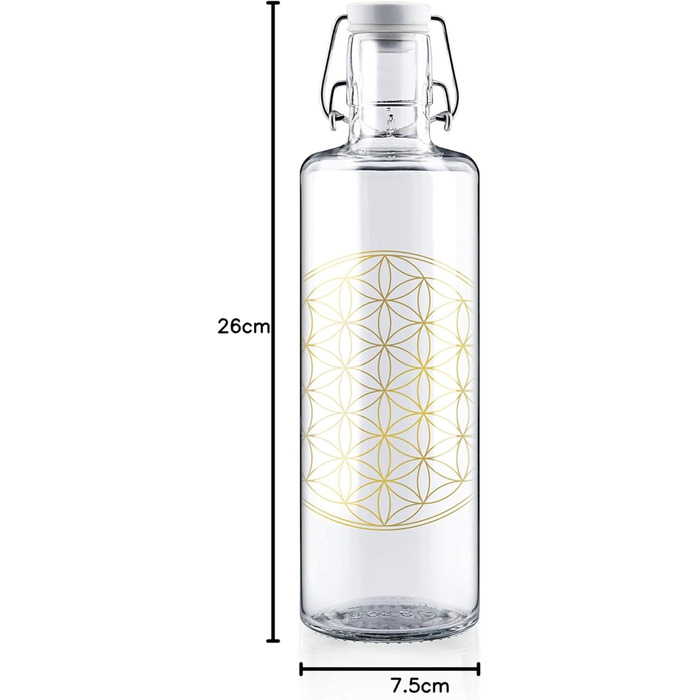 Скляна пляшка для води soulbottles 1 л Квітка життя Дизайн Квітка життя Принт зі справжнього золота Зроблено в Німеччині 100 без пластику, герметична Ідеально підходить для спорту, офісу та дому 1000 мл Квітка життя
