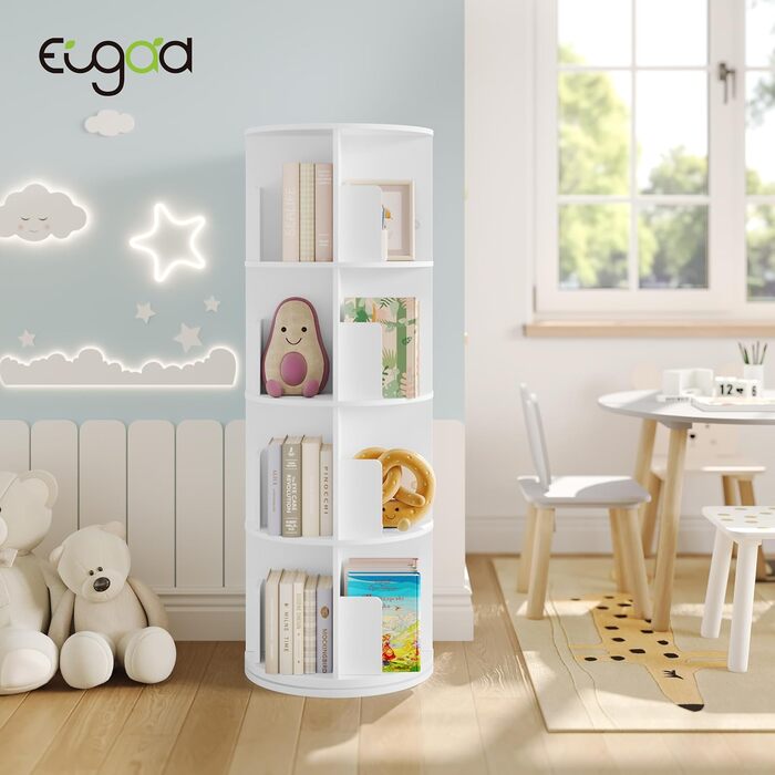 Поворотна книжкова полиця на 360 градусів, 4 яруси, 16 відділень, стояча полиця, поворотна полиця, офісна полиця, декоративна полиця, полиця для зберігання, для вітальні, спальні, офісу, дитячої кімнати, біла, 44xH127,4 см 0044SHG 44 x 127,4 см ( x h) біл