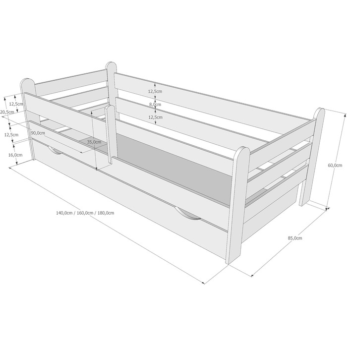 Дитяче ліжко Kids Collective 80x180 з матрацом, захистом від падіння та рейковою основою білого кольору, підходить для дівчаток, хлопчиків та підлітків.