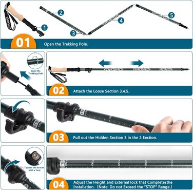 Трекінгові палиці, телескопічні палиці з карбону та алюмінію з корковою ручкою, палиці для скандинавської ходьби, регульовані 108-139 см і затискним замком з 5 парами гумових накладок для трекінгу