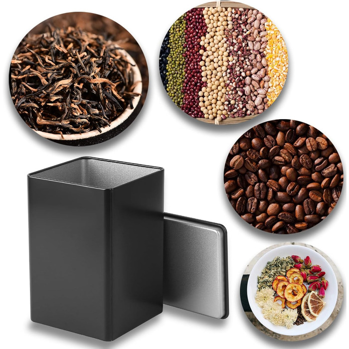 Чайних банок для розсипного чаю, квадратні чайні банки, металеві банки для зберігання з кришками, класичні банки для кави, банки для спецій, контейнер для зберігання чаю (85 x 85 x 130 мм, чорний), 6