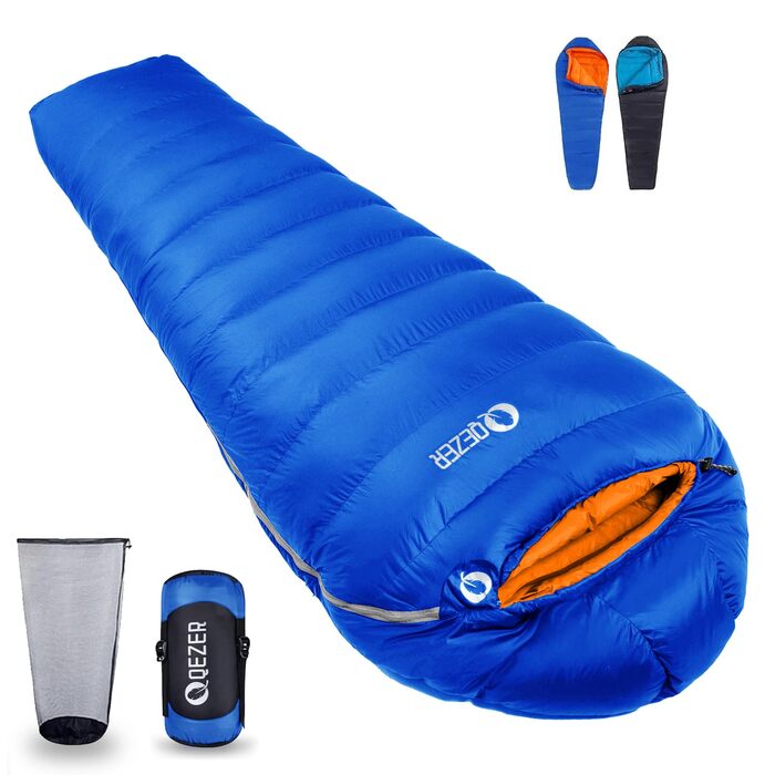 Пуховий спальний мішок, теплий легкий зимовий спальний мішок від 0C до -23C для дорослих та дітей, 4 сезони кемпінгу, використання на вулиці та в приміщенні, сапфірово-синій, 7C